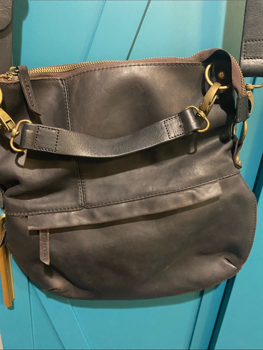 Bed Stu Tahiti Black/Dark Brown Leather Crossbody Bag with Brass Hardware - Picture 2 of 16